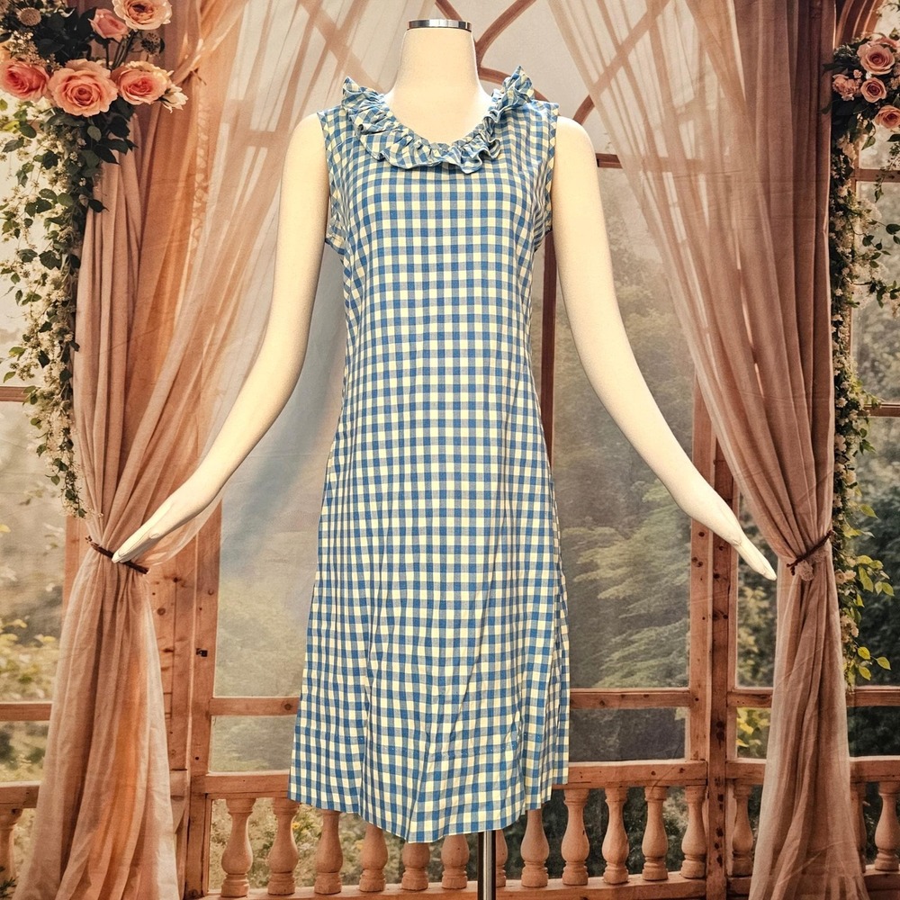 Vintage 1960's Dress Shift Mod Sleeveless Blue Cream Gingam Check Plaid Ruffle